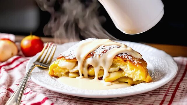 Pouring vanilla sauce over a slice of homemade apple strudel on a plate