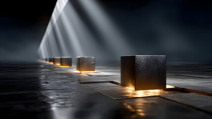Modern futuristic scene with geometric cubes and illuminating light rays creates a sense of mystery and innovative design for technology concepts