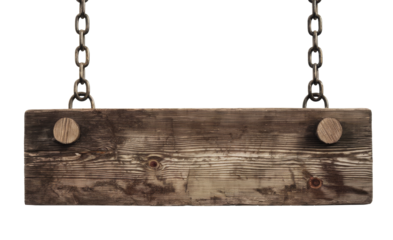 wooden sign board hanging from chains on transparent background