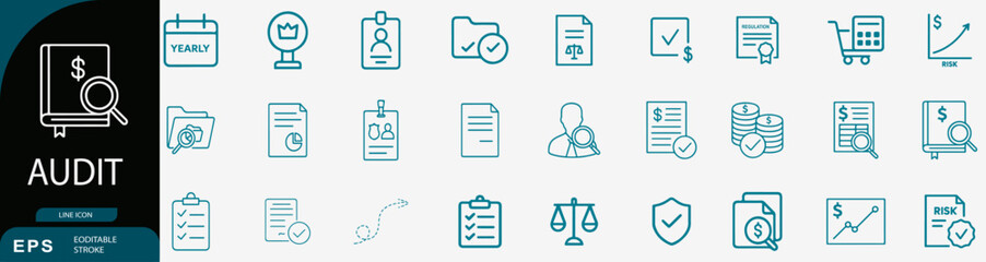 Business financial audit report compliance document line icon set