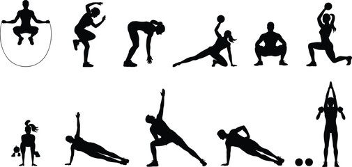 Silhouette of men and women performing diverse fitness exercises, strength training, stretching, and body workout poses vector illustration for gym design.