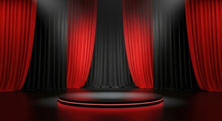 Spotlight on an empty stage with red velvet curtains and a circular platform