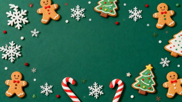 Christmas cookies and decorations on green background