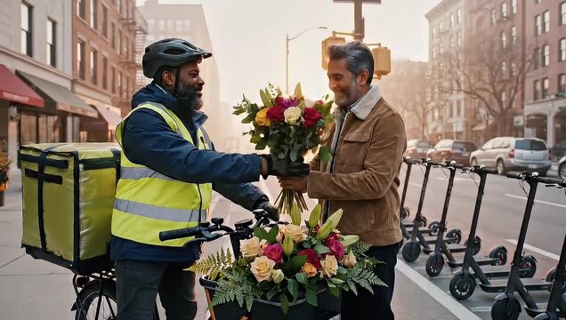 Cheerful flower delivery in the city, courier handing bouquet to customer on the street