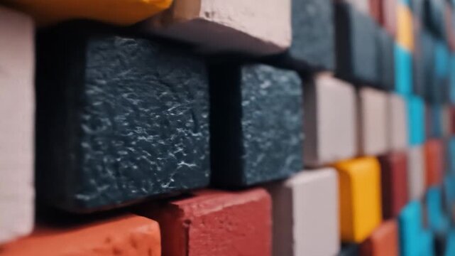 Colorful textured abstract wall background with various colored blocks creating a dynamic visual pattern