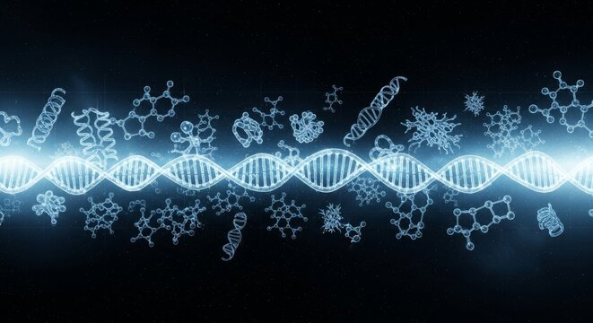 biotech holographic molecules floating in space over soft blue-white gradient