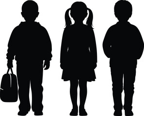 Silhouette of three school children standing together with backpack, isolated vector illustration symbolizing education, learning, friendship, childhood, and teamwork