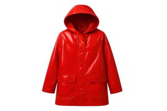 Red raincoat featuring hood, glossy waterproof material, and front pockets, ready for autumn or winter weather