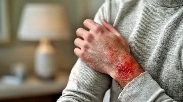 Man suffering from severe painful skin irritation likely eczema dermatitis or rash visible on his wrist and forearm.
