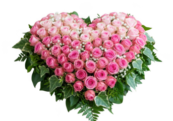 Beautiful heart shaped floral arrangement of pink and white roses isolated on transparent background