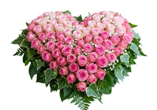 Beautiful heart shaped floral arrangement of pink and white roses isolated on transparent background