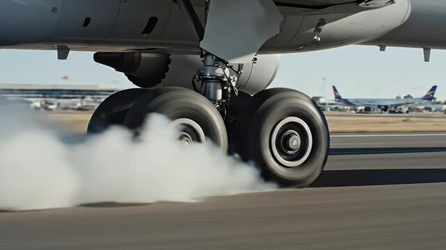 Close-up of commercial airplane main landing gear wheels generating smoke upon touchdown on airport runway