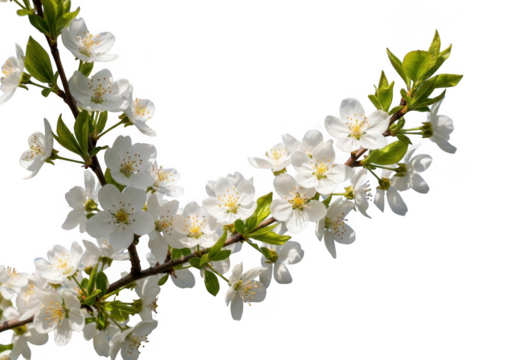 Delicate white cherry blossoms on a curved branch isolated on transparent background