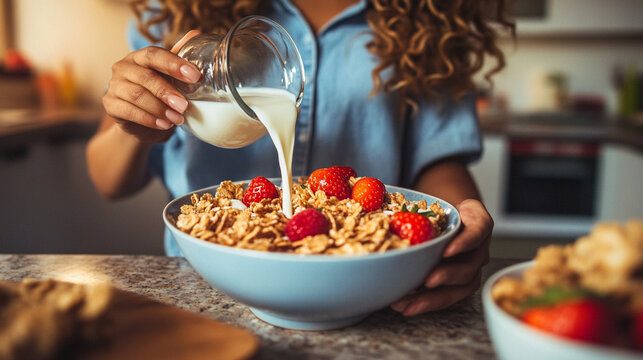 Woman pouring milk into a cereal bowl with natural morning light and fresh ingredients representing breakfast, home cooking, healthy eating, daily routine, and cozy kitchen moments