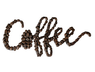 Coffee beans spelling the word coffee isolated on transparent background