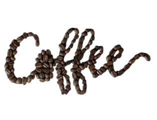 Coffee beans spelling the word coffee isolated on transparent background