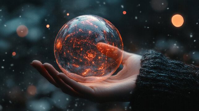 A woman’s hand holds a glowing AI orb, creating a surreal futuristic portrait that embodies technology, intelligence, and the fusion of human and digital elements.
