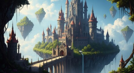 Majestic fantasy castle perched on a floating island in a surreal sky