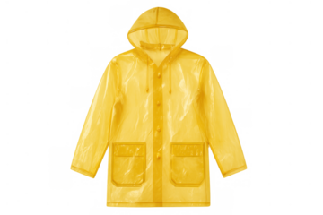 Yellow waterproof raincoat with hood, protecting from rain. Transparent plastic clothing for bad weather conditions