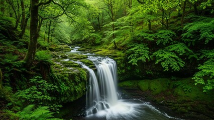 Obraz premium Scenic Waterfall Flowing Through Lush Green Forest Landscape