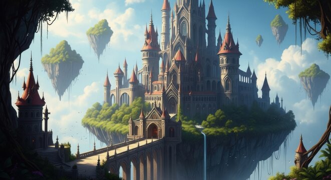 Majestic fantasy castle perched on a floating island in a surreal sky - Powered by Adobe