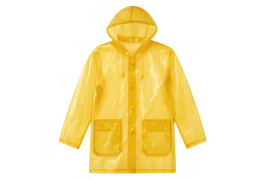 Yellow waterproof raincoat with hood, protecting from rain. Transparent plastic clothing for bad weather conditions