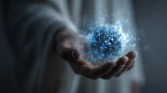 A woman’s hand holds a glowing AI orb, creating a surreal futuristic portrait that embodies technology, intelligence, and the fusion of human and digital elements.
 - Powered by Adobe