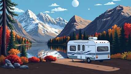 Camper by Lake Amid Mountains and Foliage