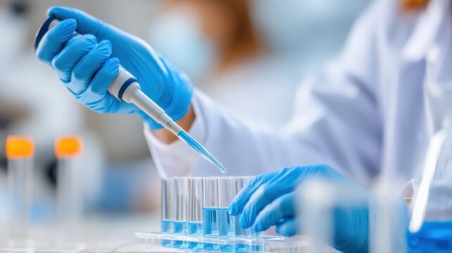 A lab technician uses a pipette to transfer liquid into test tubes, demonstrating precision in a scientific environment. - Powered by Adobe