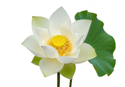 Beautiful white lotus flower with vibrant yellow center isolated on transparent background