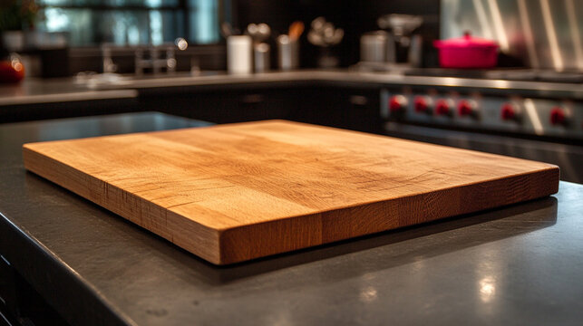 Wooden cutting board on a modern kitchen countertop with clean design and natural texture representing culinary preparation, home cooking, gourmet style, and contemporary kitchen aesthetics