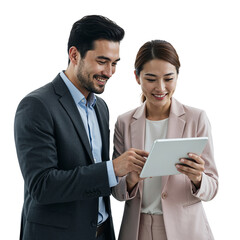 Smiling business colleagues collaborating and looking at a tablet screen isolated on transparent background