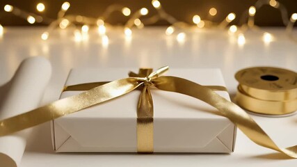Gift wrapping process with a white box, gold ribbon, and festive bow, set against sparkling golden bokeh lights. - Powered by Adobe