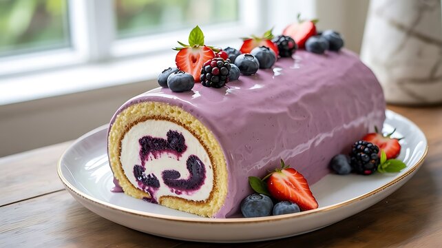 Delicious swiss roll cake with blueberry glaze and mixed berries on white plate