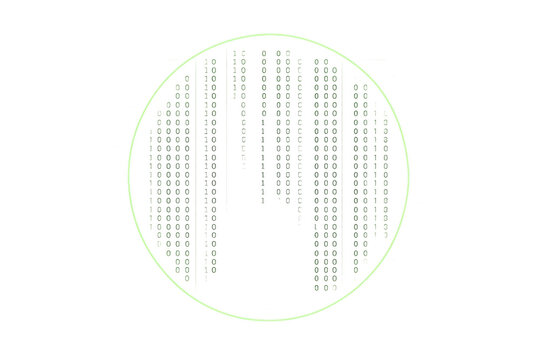 Green digital code rain falling through a glowing light ring on transparent background, simulating virtual reality effects