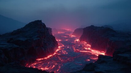 Molten river flowing through a dark, rocky landscape at twilight