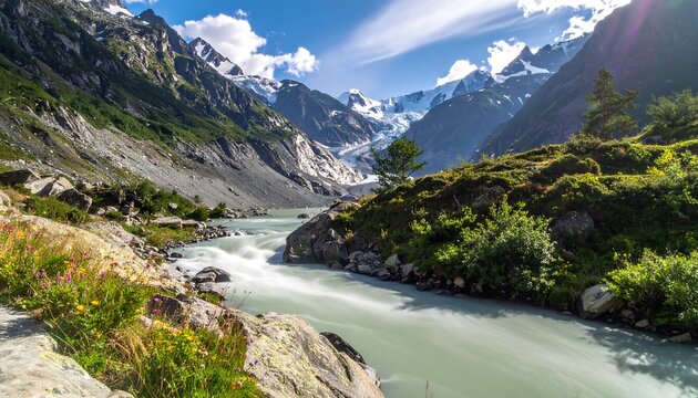 Majestic mountain river flowing through a lush green valley with snow-capped peaks in the background under a clear blue sky.