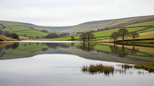 Serene Lake Reflecting Green Hillsides and Leafless Trees on Calm Overcast Day - Powered by Adobe
