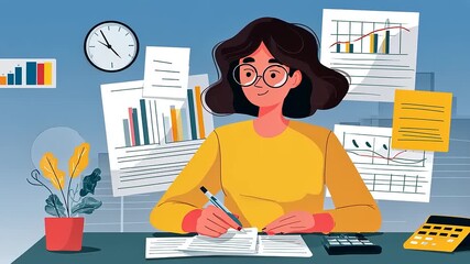 Young woman analyzing data and graphs at a desk surrounded by charts and a clock in a modern office - Powered by Adobe