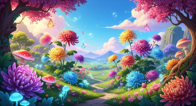 Whimsical fantasy landscape with vibrant colorful flowers and rolling hills