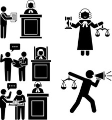 Law and Justice Black Icon Set: Courtroom Proceedings, Judge, Lawyer, and Legal Communication