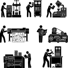 Industrial Manufacturing and Printing Process Black Icon Set: Factory Production, Machinery, and Operations