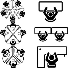 Business Meeting and Collaboration Top View Icon Set: Teamwork, Conference, and Table Layouts