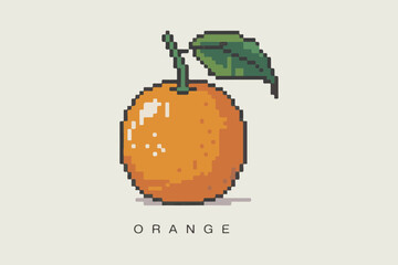 Pixel art orange fruit with a green leaf and stem, retro 8-bit digital graphic