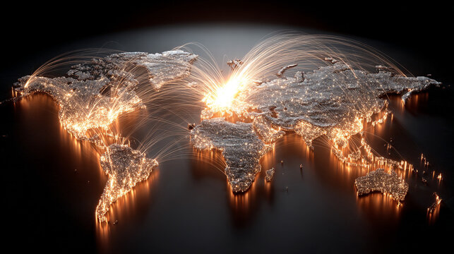 A world map emerges from glowing digital threads, illustrating global connectivity, data networks, and the flow of information in a vibrant, futuristic style.

