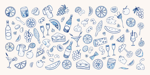 Whimsical hand drawn food and drink elements collection featuring fruits cheese and cocktails