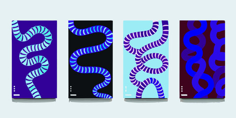 Four abstract vertical designs featuring wavy striped tubes in vibrant blue and purple color palettes