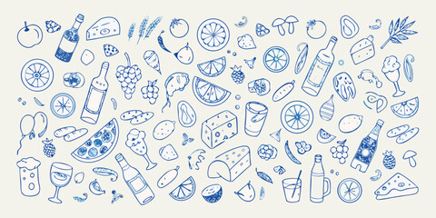 Whimsical hand drawn food and drink collection with fruits cheese and beverages