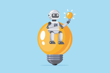 Friendly robot sitting on a giant light bulb holding a glowing light bulb representing a new idea
