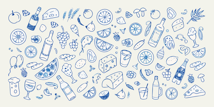 Whimsical hand drawn food and drink collection with fruits cheese and beverages